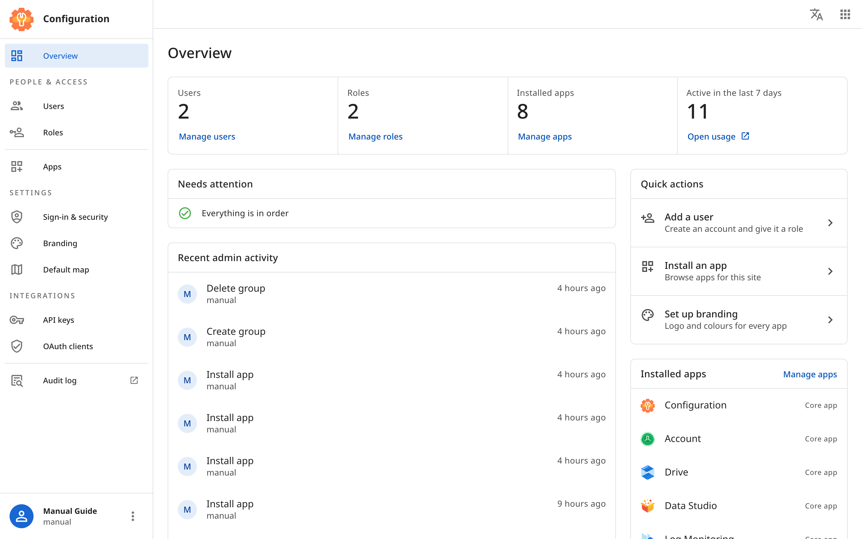 The Overview of Configuration as the user manual, showing the counts of users, roles, installed apps and people active in the last 7 days, what needs attention, recent admin activity and the installed apps.