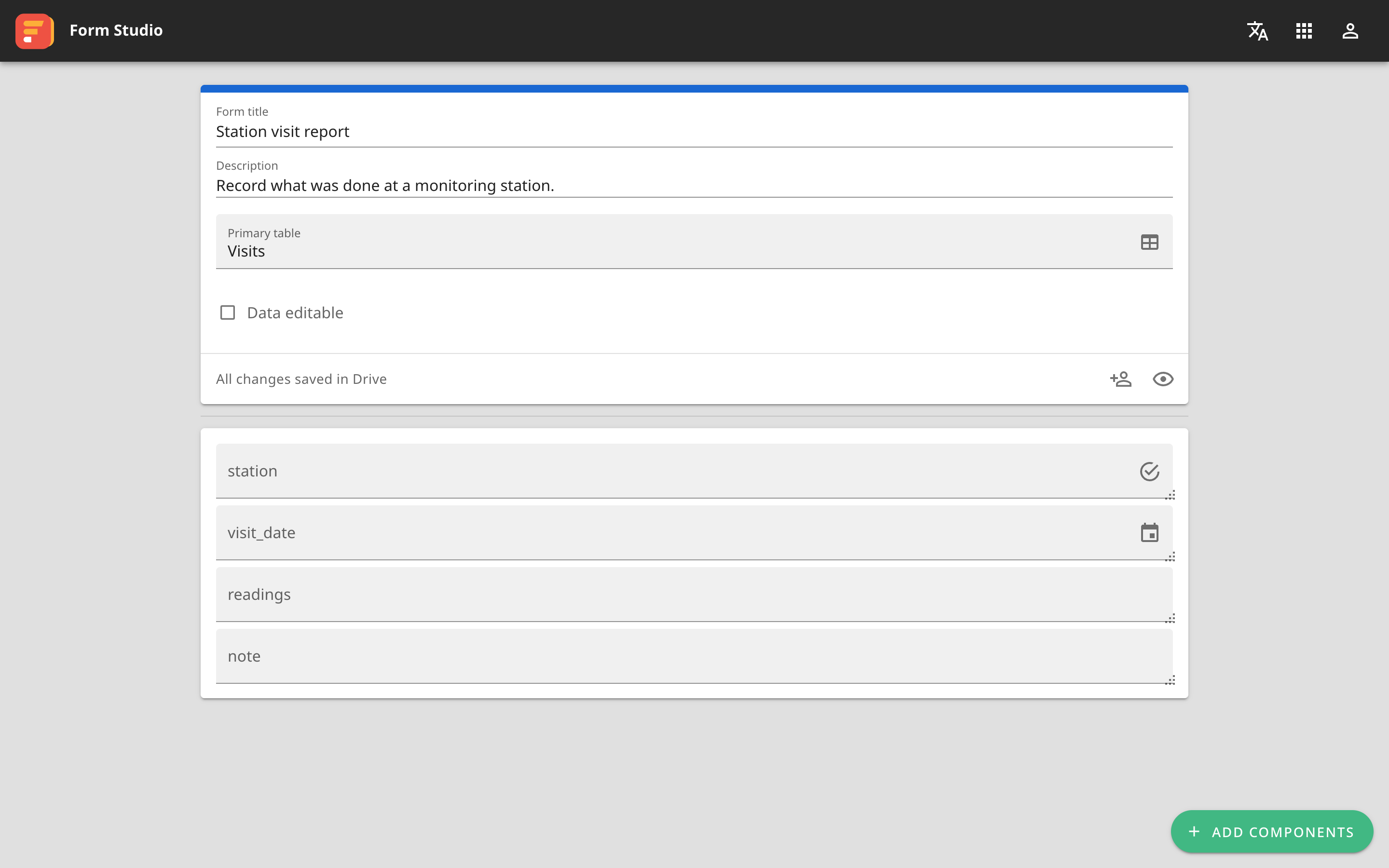 The form editor in Form Studio, with a form title, a description and Visits as the primary table, and four components: station, visit_date, readings and note.