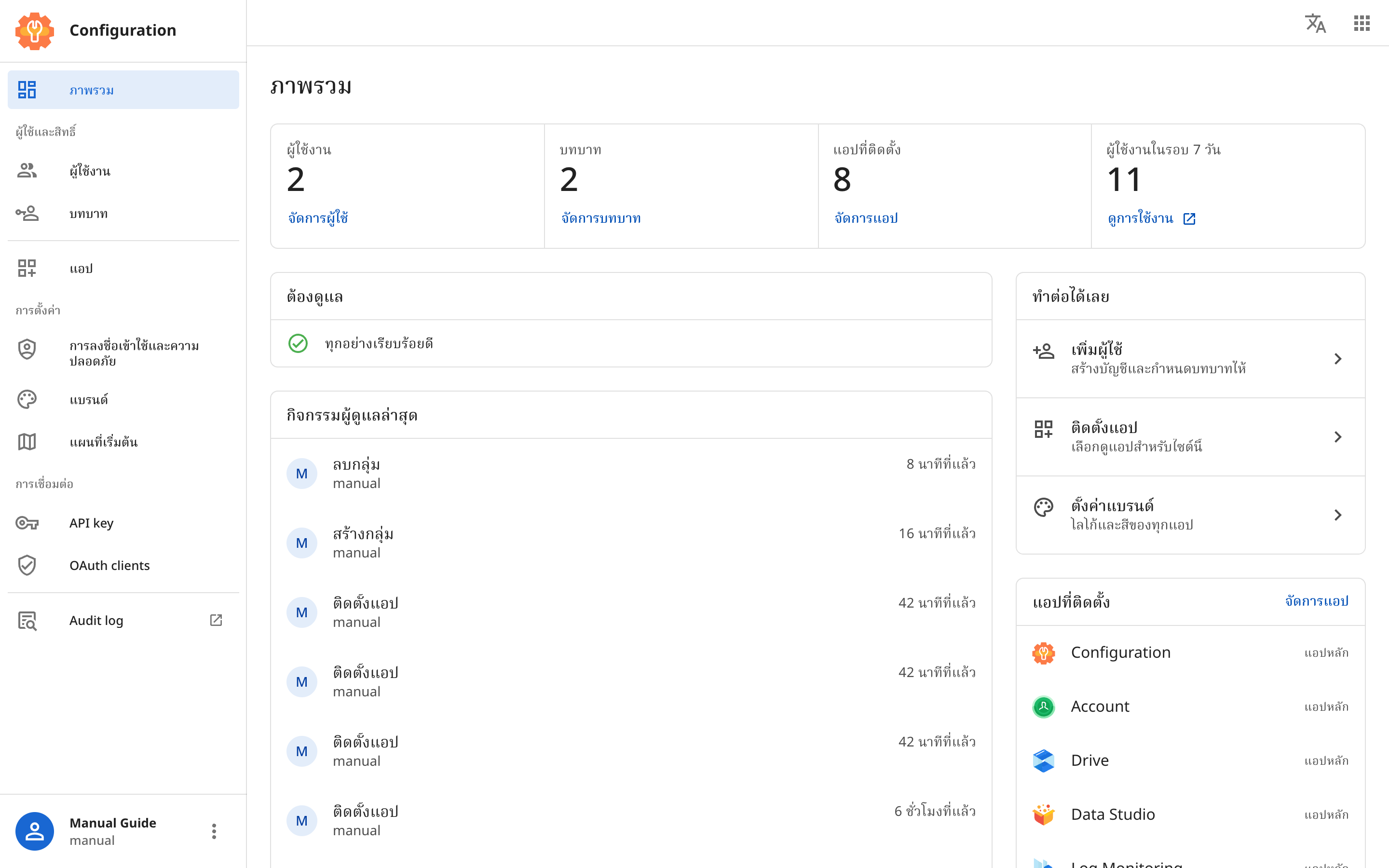 หน้า ภาพรวม ของ Configuration ในฐานะผู้ใช้ manual แสดงจำนวนผู้ใช้งาน บทบาท แอปที่ติดตั้ง ผู้ใช้งานในรอบ 7 วัน รายการที่ต้องดูแล กิจกรรมผู้ดูแลล่าสุด และรายชื่อแอปที่ติดตั้ง