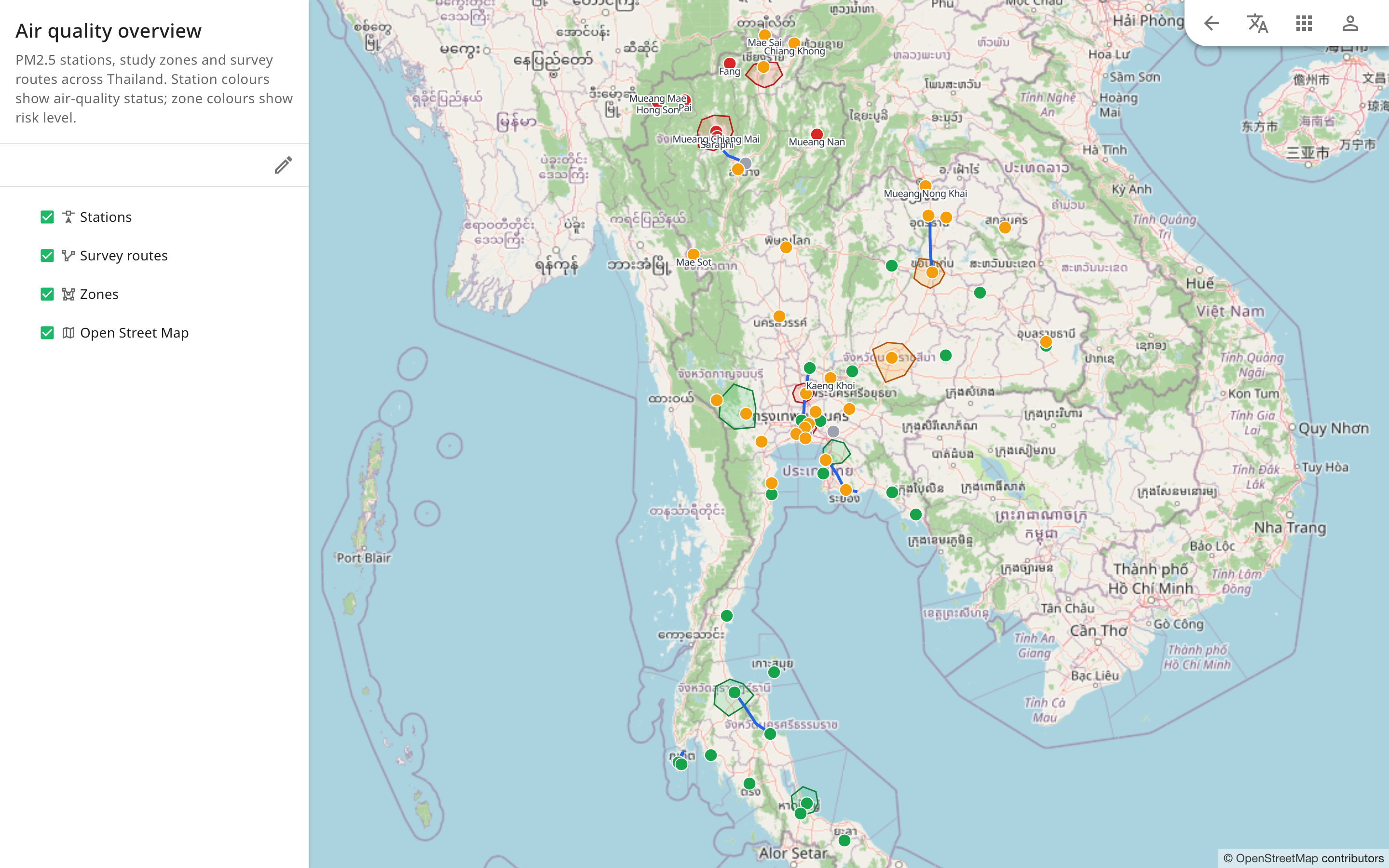 หน้าดูของแผนที่ Air quality overview แผนที่ประเทศไทยมีจุดสถานีสีเขียว ส้ม แดง และเทาตามสถานะ มีเขตศึกษา เส้นทางสำรวจ และชื่อสถานีที่ pm25 ตั้งแต่ 40 ขึ้นไป ทางซ้ายมีชื่อแผนที่และ layer สี่อัน คือ Stations, Survey routes, Zones และ Open Street Map